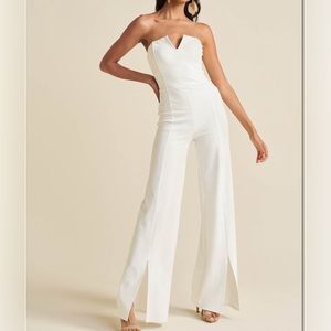 White Strapless Jumpsuit Front Leg Slit